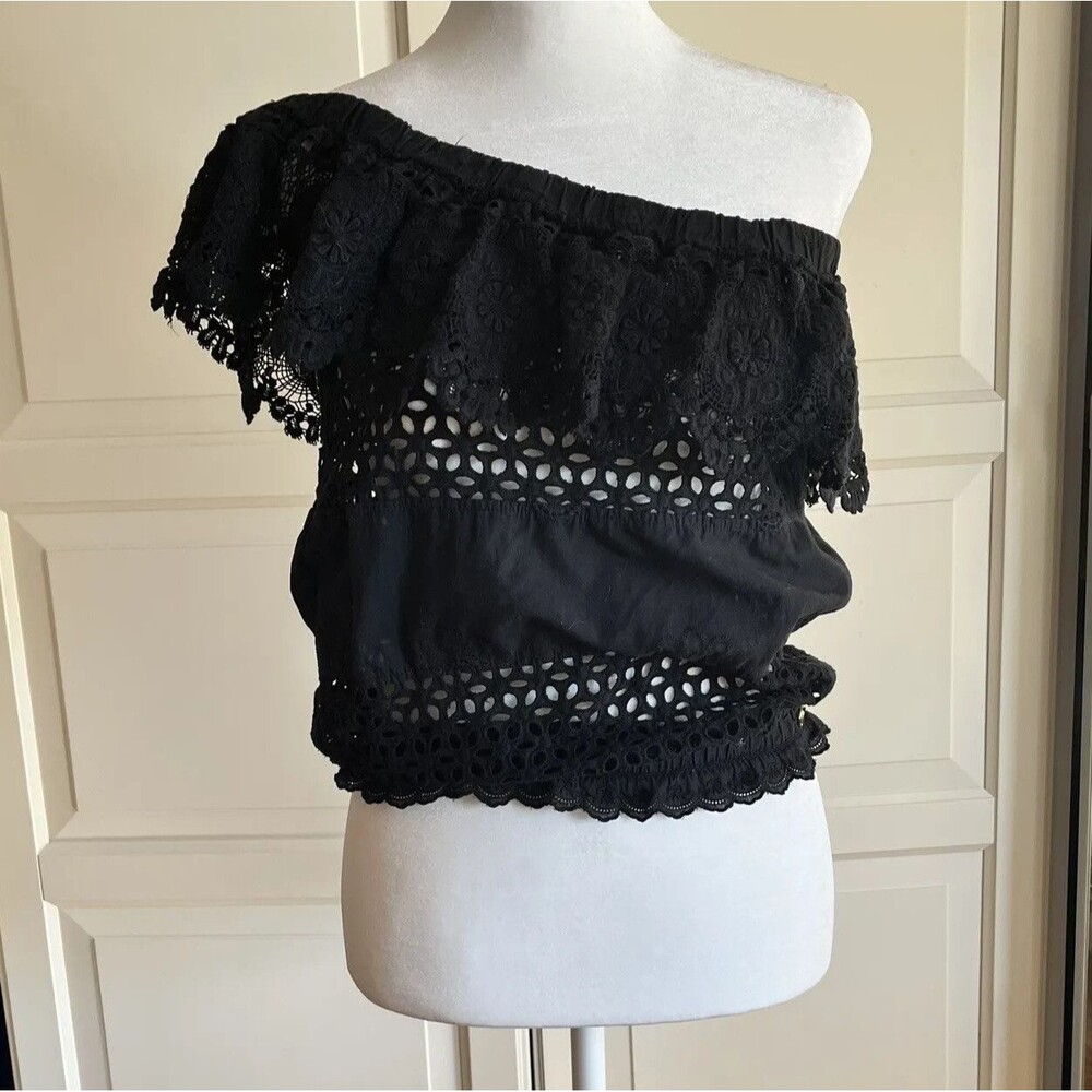 Agua Bendita Sz S One Shoulder Eyelet Crop Top Lace Boho Festival Beach Resort